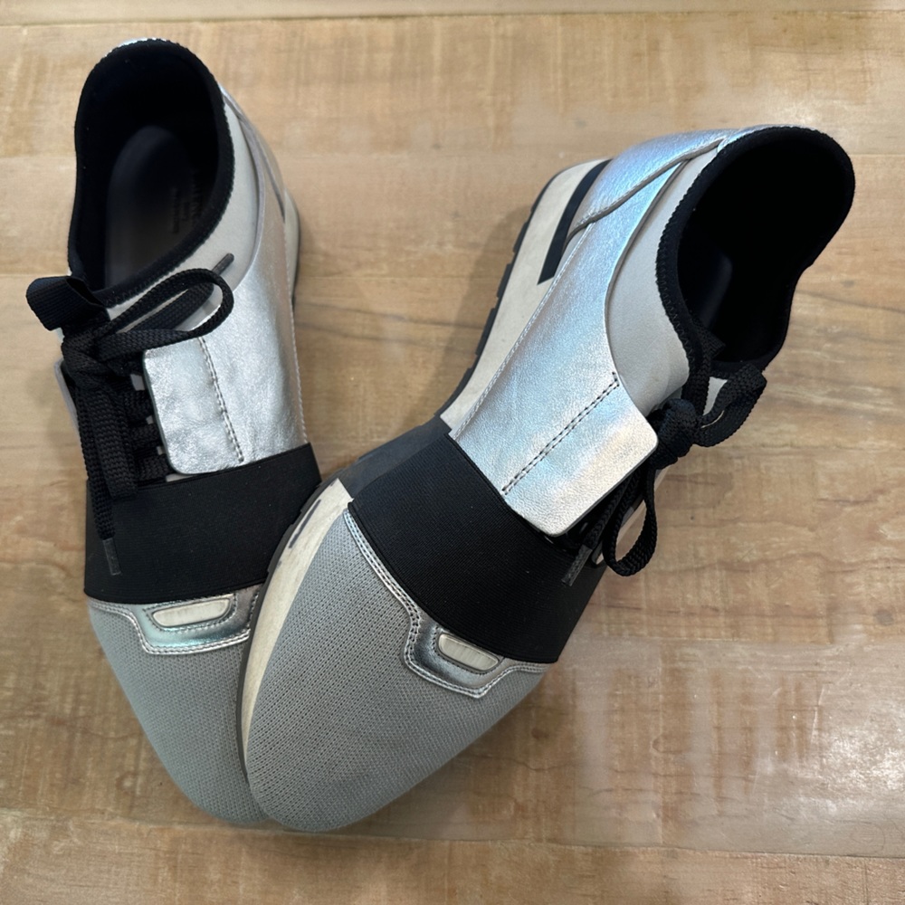 Balenciaga race runner sneakers metallic silver grey black leather tennis shoes - Picture 4 of 14